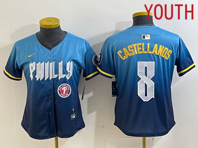 Youth Philadelphia Phillies #8 Castellanos Blue City Edition Nike 2024 MLB Jersey style 2